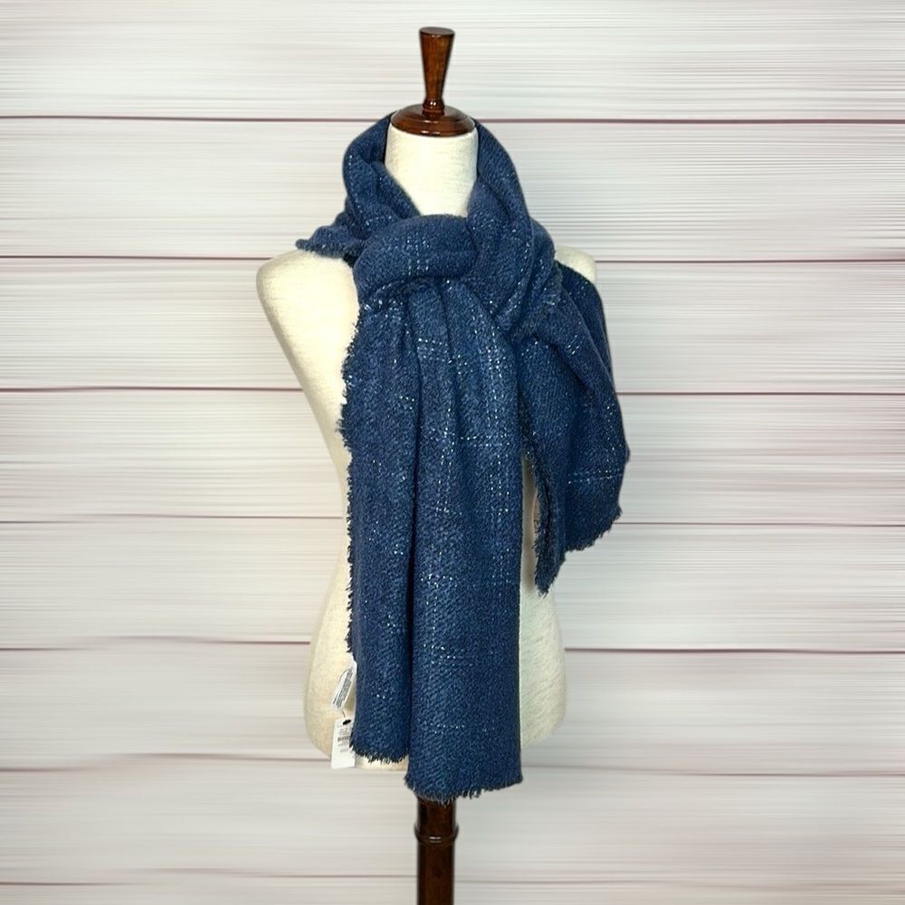 NWT Talbots Blue Wrap Scarf Metallic Windowpane Large Chunky New